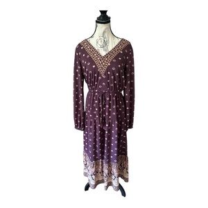 Lucky Brand Plum Boho Dress Floral Border Print Tassel Tie Waist M Peasant Long